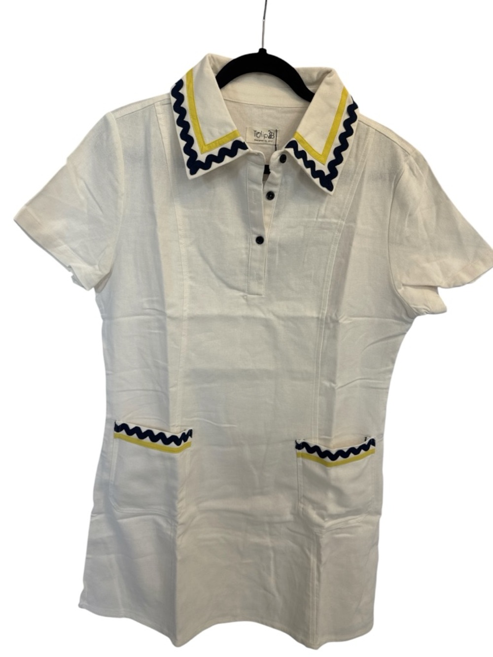 White Short-Sleeve Mini Dress with Navy & Yellow Trim